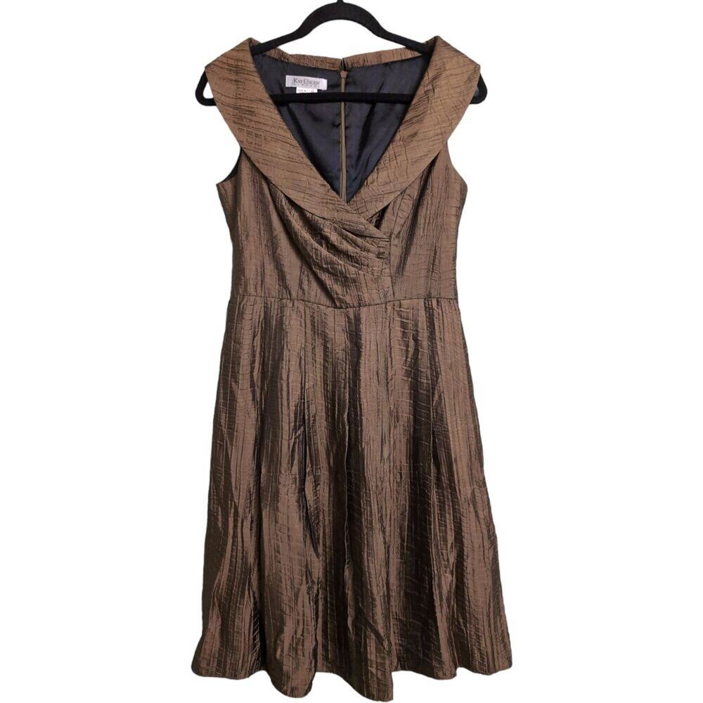 Kay Unger New York Bronze Sleeveless Midi A Line Dress Textured Fabric Size 6